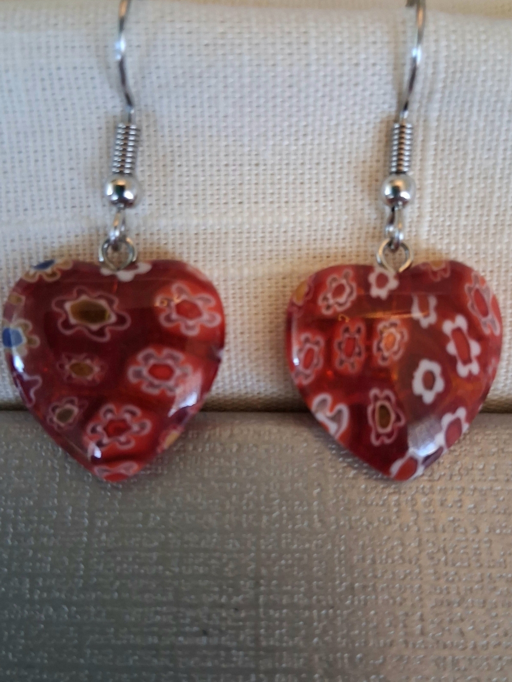 Red Millefiori Heart Drop Earrings - Women Jewelry